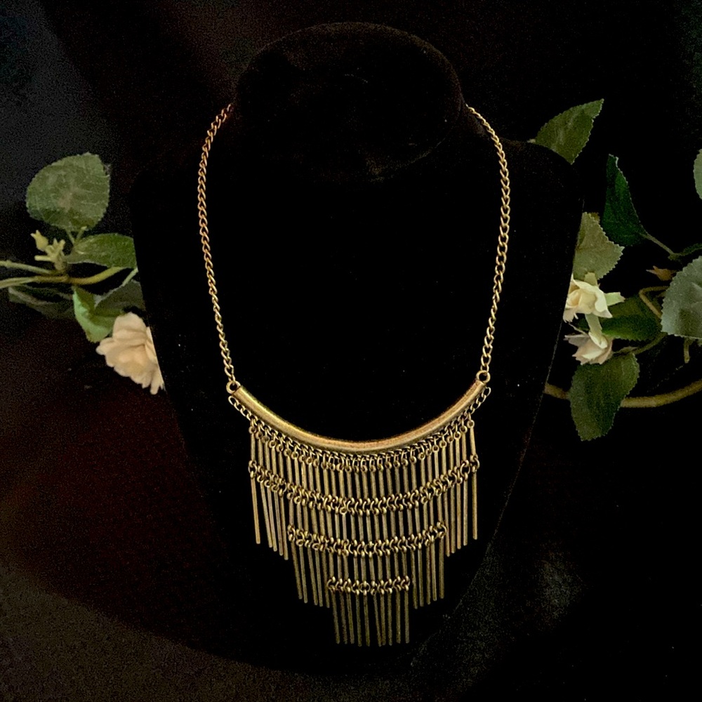 Vintage Boho fringe metal statement necklace. Matte Gold. Gorgeous piece.
